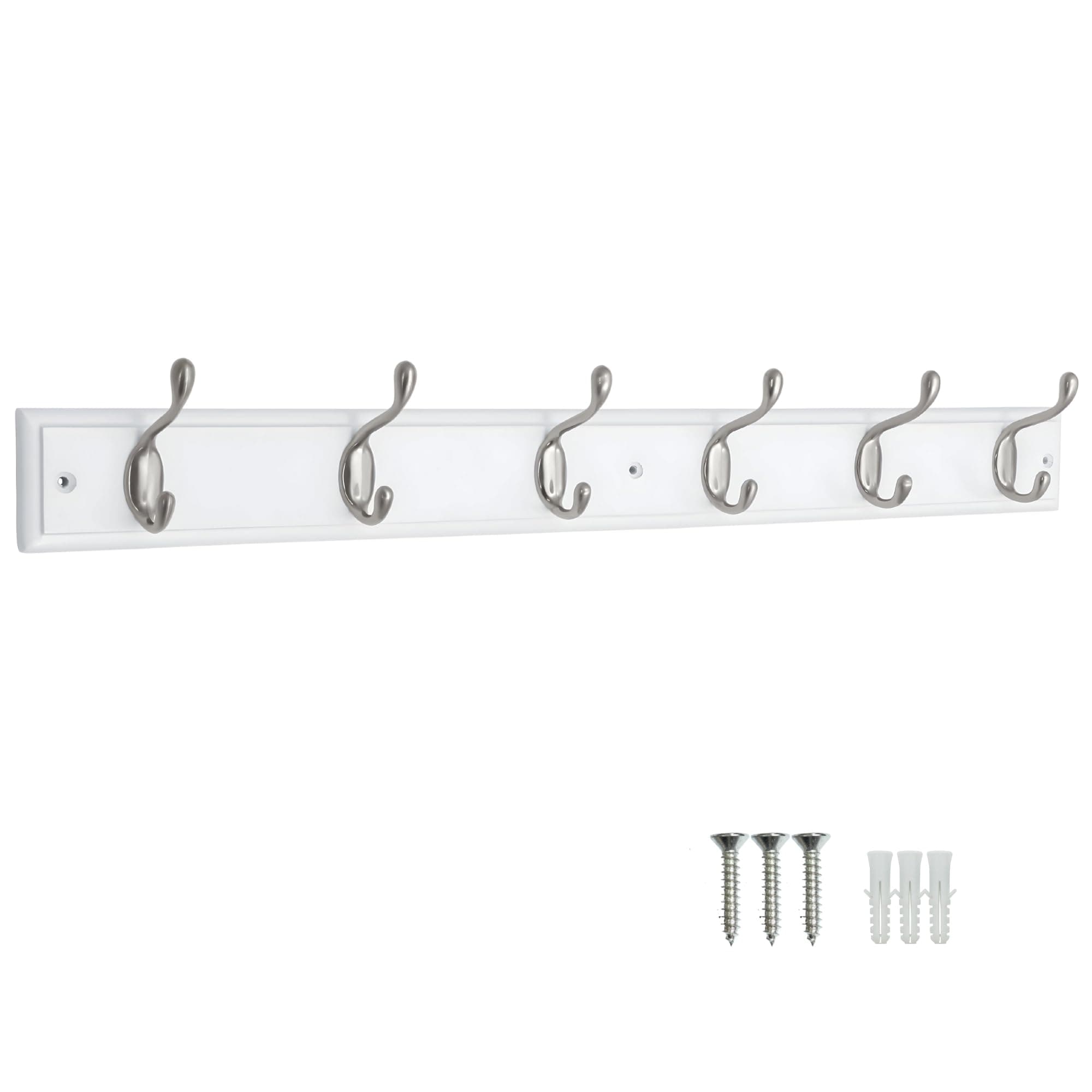 6 Hook White Wooden Wall Mounted Coat Rack with 6 Satin Nickel Hooks - Heavy Duty Wooden Board for Coats, Hats, Bags, Tools Space Saving Wall Storage Organiser, Fixings Included