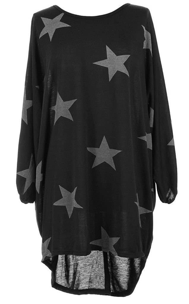 Universal Retail TradeWomen Ladies Star Printed Batwing Low Back Plain Baggy Tunic Top Dress