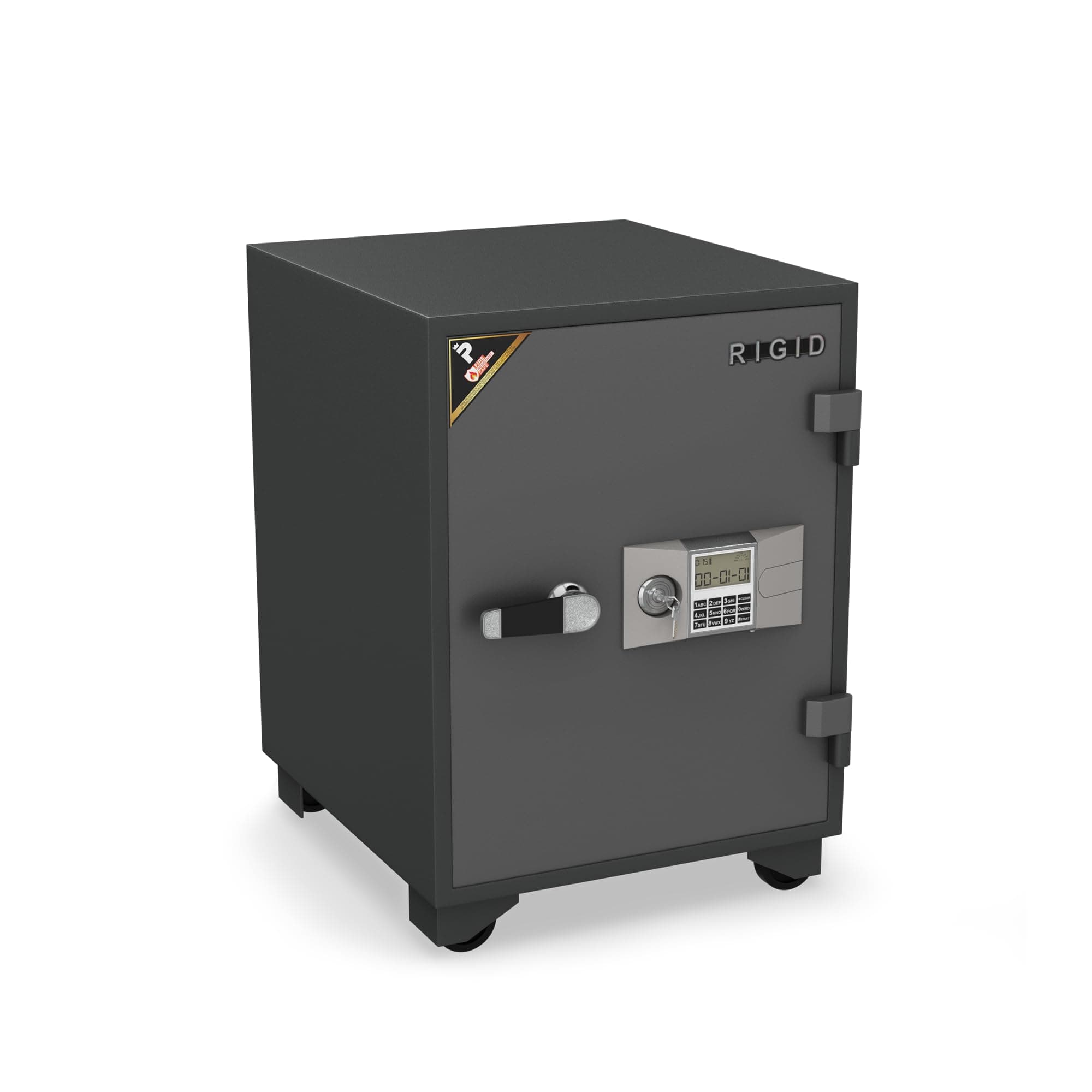 RIGID 64L Fire Resistant Safe | 60 Min/945°C NT FIRE 017 Rated | Digital & Key Lock with Alarm, Drawer, Wheels | 5-Layer Protection with Adjustable Shelf for Office & Home (55D x 50W x 70H CM, Grey)