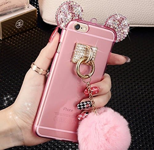 For iPhone 6s Plus Bling Case, WSHKase Cute Mickey Mouse Ears/Bear Ears/Rhinestone Ears Glitter Flexible Rubber Cover Case with Fur Hairball for iPhone 6 Plus (5.5)(pink)