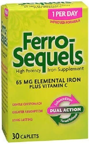 Ferro-Sequels Elemental Iron 65mg + Vitamin C Caplets 30 ct