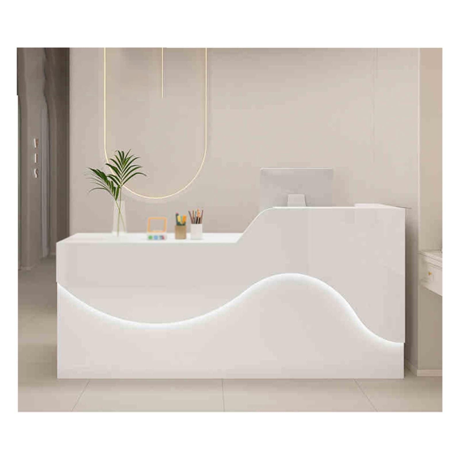 Modern Reception Desk with Spacious Desktop & Large Storage, Stylish Front Office Furniture, Atmosphere Lighting Design, Beautiful & Practical (White, Left 140CM)