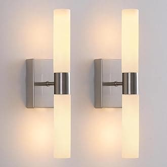 Wall Sconces Set of Two Brushed Nickel Bathroom Sconces Wall Decor Set of 2 Modern Wall Light Fixtures Metal Sconces Wall Lighting with Frosted Glass Shade Wall Mounted Lamp