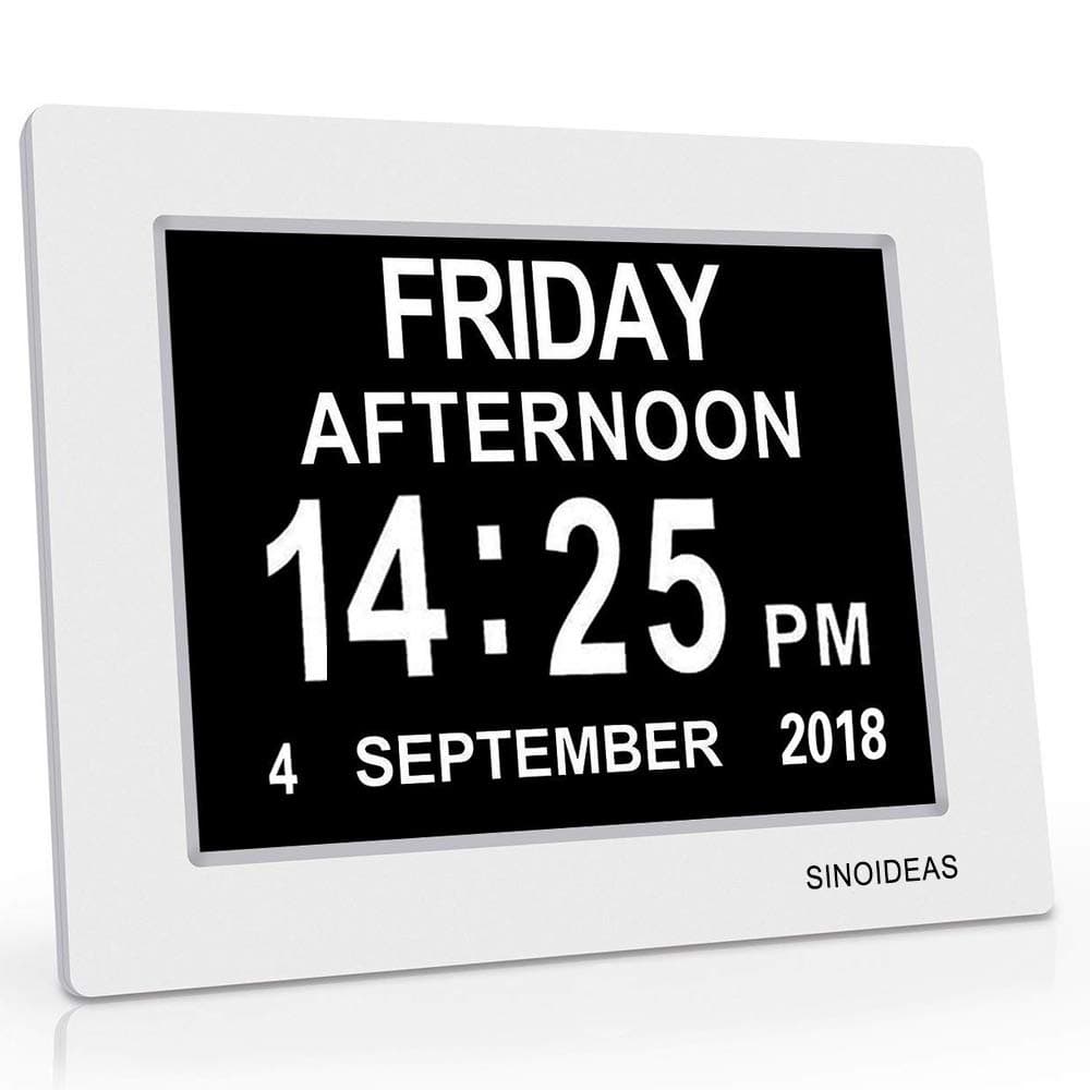 SINOIDEAS Memory Loss Day Clock Digital Calendar - Extra Large Non-Abbreviated Day & Month Time Machine Clock with 5 Alarm & 3 Medicine Reminder for Impaired Vision Elderly and Dementia