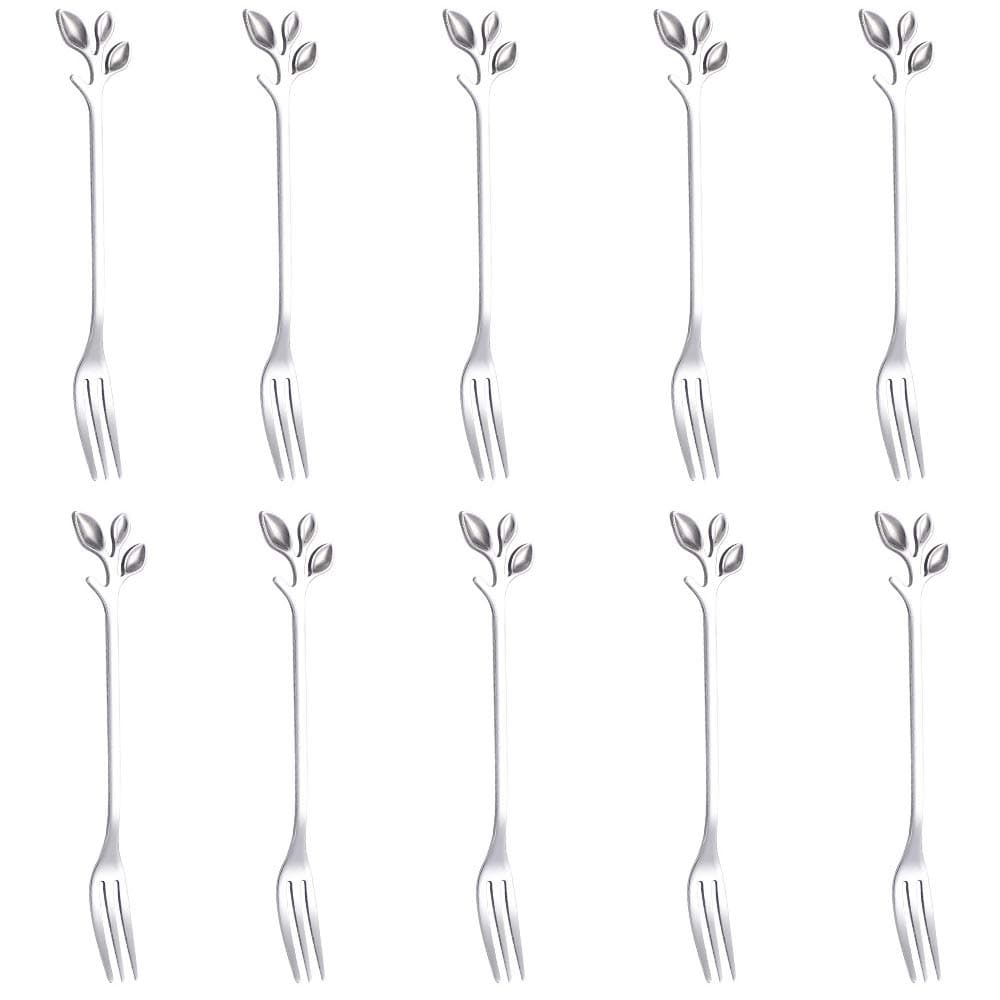 AnSaw 10-Piece Silver Mini Leaf Dessert Forks Set - 4.7" Elegant Stainless Steel Fruit, Appetizer, Cake & Salad Forks - Perfect for Cocktail Parties & Home Use