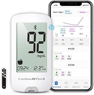 CareSens N Plus Bluetooth Blood Glucose Monitor Kit with 100 Blood Sugar Test Strips, 100 Lancets, 1 Blood Glucose Meter, 1 Lancing Device, Travel Case for Diabetes Testing Kit (Auto-Coding Glucometer kit with 1 Control Solution) for Personal Use
