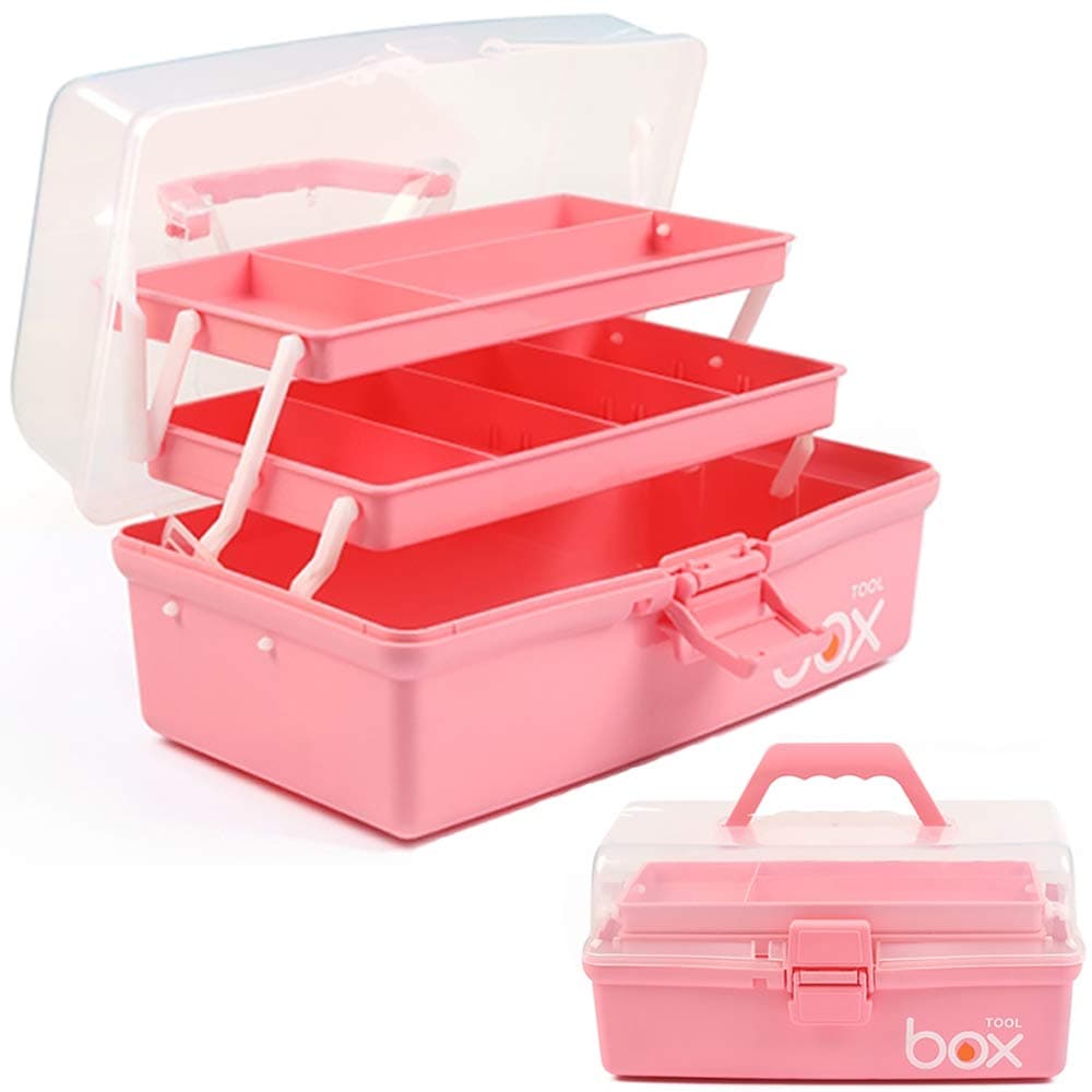TERGOO 12in 3-Layer Plastic Craft Organizers and Storage, Portable Folding Tackle Box with Handle & Adjustable Dividers, Multipurpose Case for Sewing, Art Supplies, Medicine, Tools (Pink)