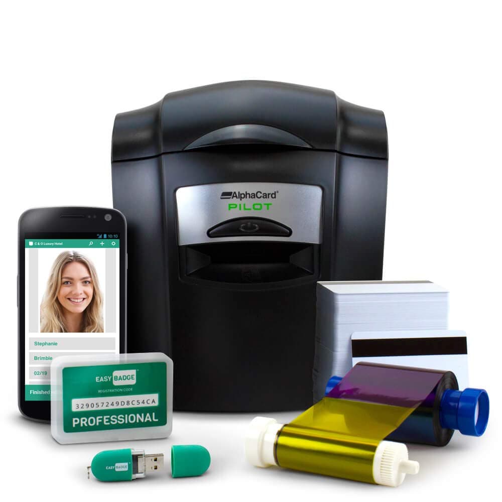 AlphaCard Complete ID Card Printer Bundle Pilot ID Printer, EasyBadge ID Software & Mobile App, ID Supplies (with Mag Stripe Encoding) - 100 Premium Magnetic Printable Cards