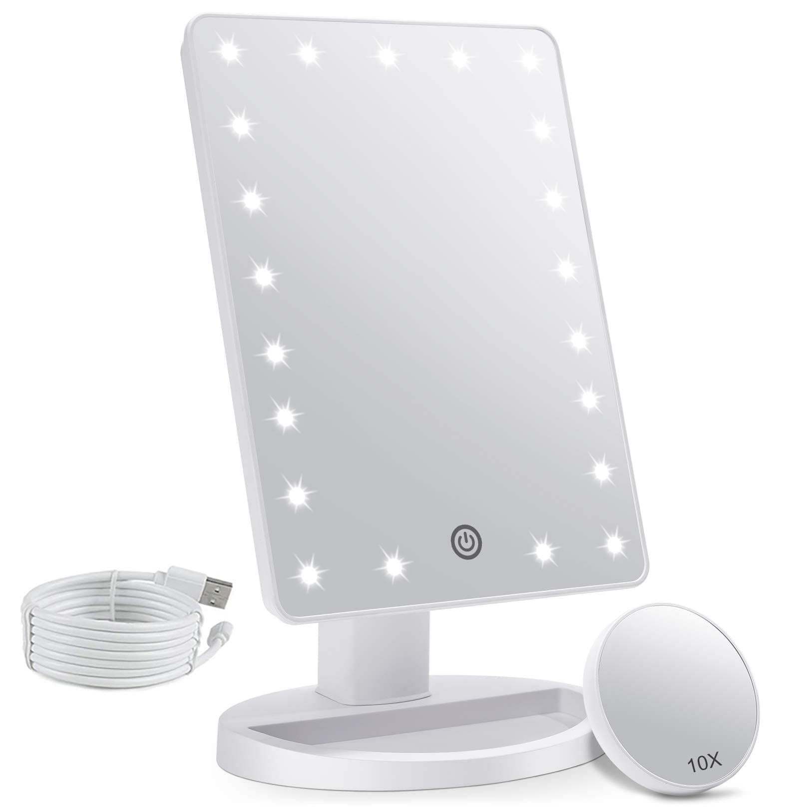 Makeup Vanity Mirror with Lights, Lighted Makeup Mirror with Detachable 10X Magnification, 21 Led Lights Adjustable Dimming Touch Sensor, Dual Power Supply, 180° Rotation, Portable Cosmetic Mirror