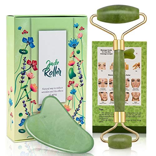 Jade Roller and Gua Sha Tool Set, Natural Real Jade Roller for Face, Beauty Jade Facial Roller Massage Tool for Rejuvenate Skin, Anti-wrinkle, Anti Aging, No Squeaks, Green