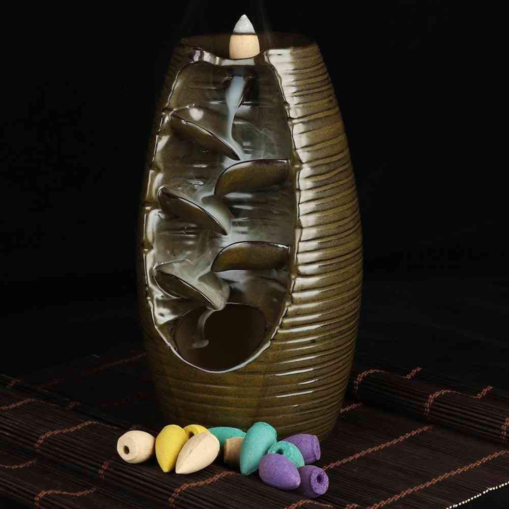 Classic Design Waterfall Backflow Incense Burner Handmade Ceramic Incense Holders for Home Decoration (Dark Brown)
