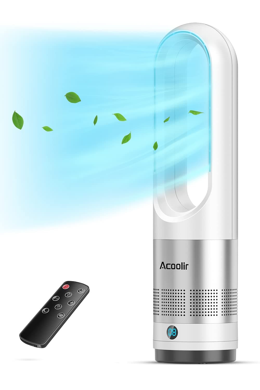 Acoolir Tower Fan, 22" Bladeless Fan with Remote, LED Display with Auto Off, 8 Speeds, Quiet Cooling, 9H Timer, 80°Swing, Easy to Clean, Space-Saving, Portable Oscillating Fan for Home, Office