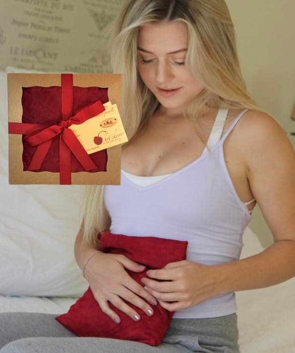 Square Red Ultra Suede, Cherry Pit-Stone Pillow, Microwavable Hot/Cold Compress, Sustainable Heating Pad, Moist Heat, Muscle Joint Pain Relief