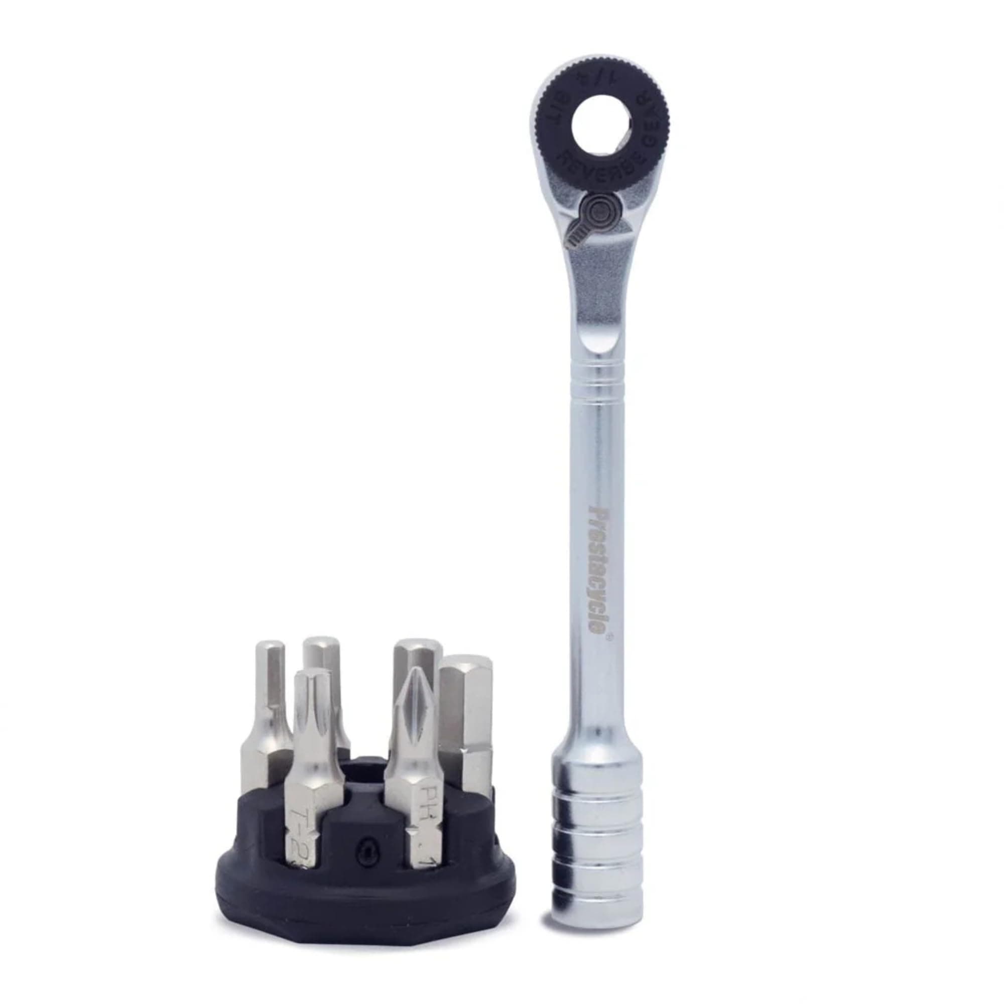 Prestacycle Prestaratchet Micro Pocket Ratchet Kit with (6) S2 Bits and Round Holder Stand – Compact 1/4" Hex Ratchet Tool, Reversible Thumb-Wheel, Heavy-Duty 40Nm Torque