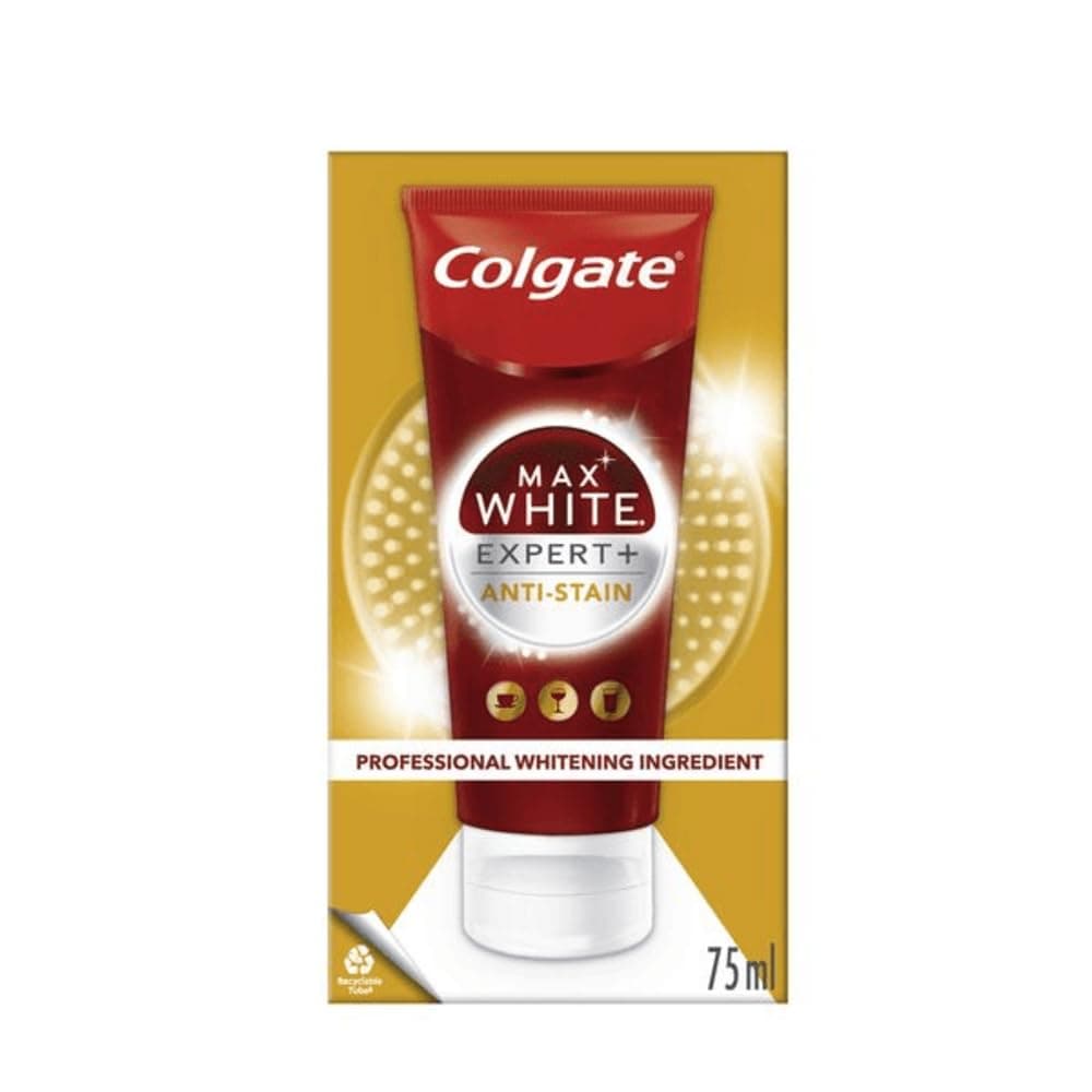 Colgate Max White Expert + Anti-Stain Teeth Whitening Toothpaste 75ml - Advanced Stain Removal Technology - Helps Prevent Future Stains - Enamel Safe for Daily Use