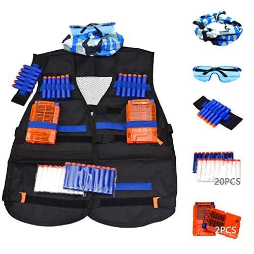 BrainWaves Nerf Tactical Vest Kit for Nerf N-Strike Elite Series with 20 Refill Darts (10 Glow in The Dark), 2 Reload Clips, Wrist Ammo Holder, Safety Glasses, and Tube Mask