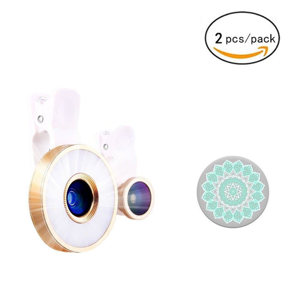 Cell Phone Lens with Rechargeable 16 LED Flash Light (2 Pack) - GTIMESPortable Selfie Light 185° Fish-Eye Lens+0.65X Wide Angle Lens+10X Macro Lens for iPhone and Smartphon-Cold&Warm Light-Gold