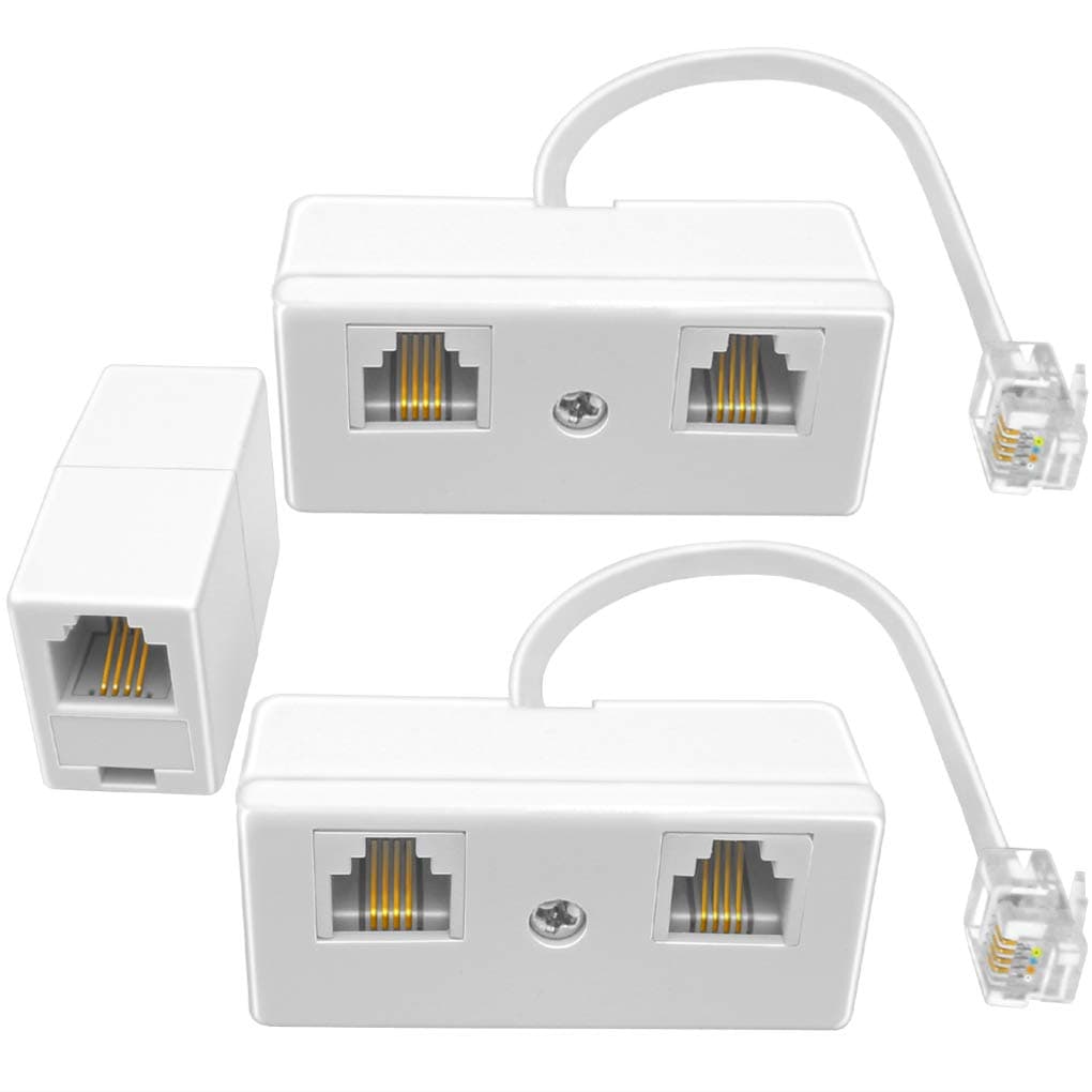 NECABLES 2+1Pack 2pcs Phone Jack Splitter 1 to 2 RJ11 6P4C 1 Male to 2 Females with 6in Pigtail and 1pc Phone Line Coupler for Landline and Fax White