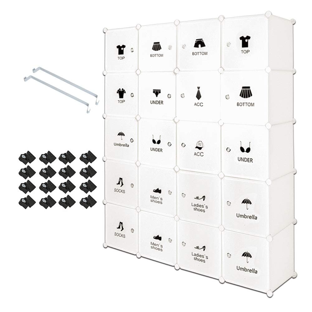 Meerveil Cube Portable Wardrobe, Plastic Modular Wardrobe,Cube Storage Organizer for Hanging Clothes,Modular Cabinet for Clothes, Book,Shoe, Toy (with Stickers,20 Cube)