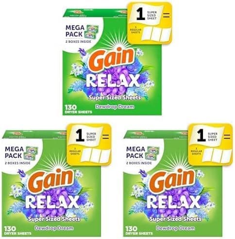 Gain Dryer Sheets Relax | Dewdrop Dream | Static Fighting | Super Sized | 130 Count, Pack of 3