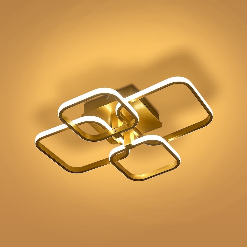 LED Dimmable Ceiling Lights Remote, Chandelier Light 4 Squares, Flush Mount Lamp for Living Room Kitchen Office Bedroom Dining Room(2800k-6000k, Gold, 6-15㎡)