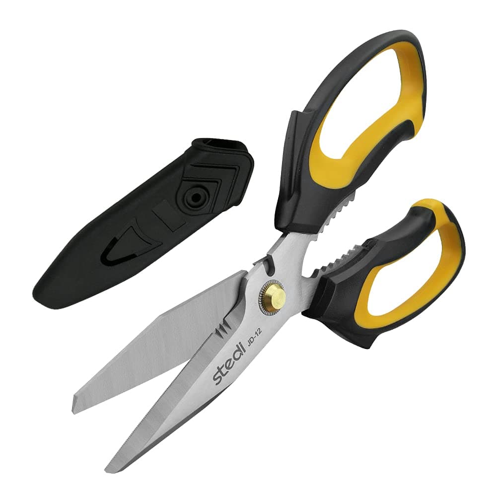 Scissors Heavy Duty 8-Inch,Multipurpose Scissors,Sharp Stainless Steel Shears with Serrated Edge & Protective Cover,Non-Slip Handle,Easy Cutting Cardboard, Carpet,Leather, Fabric, Wires, Yellow