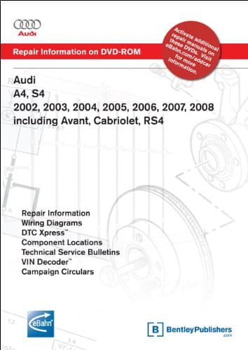 Audi A4, S4 2002, 2003, 2004, 2005, 2006, 2007, 2008 Includes Avant, Cabriolet, RS4 Repair Manual on DVD-ROM (Windows 2000/XP)