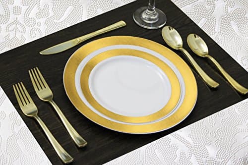 240 Disposable Plastic Plates for Parties Set | 40 10” Dinner Plates, 40 7.5” Salad/Dessert Plate, 80 Forks, 40 Knives, 40 Spoons | Excellent for Weddings, Bridal Showers, Birthday & More | Gold Rim |