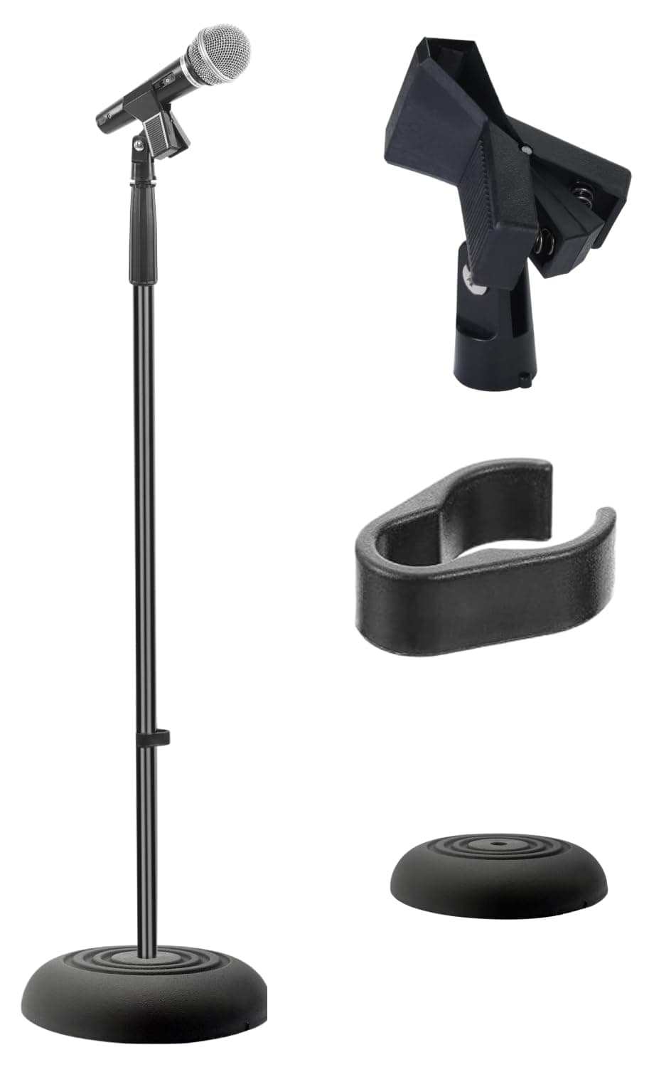 Adjustable Microphone Stand - Universal Mic Stand with Compact Heavy Base, Floor Standing Design, Height Adjustable, Pivot Angle Clip for Singing & Recording (2.8’ - 5’ ft., 9.8” Base Diameter)