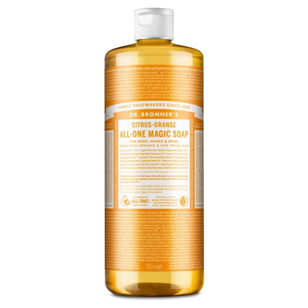 Dr Bronner's 18-in-1 Citrus-Orange All-one Magic Soap, Made with Organic Oils, Used for Face, Body, Hair, Laundry, Pets and Dishes, Certified Fair Trade & Vegan Friendly, 946ml Recycled Bottle