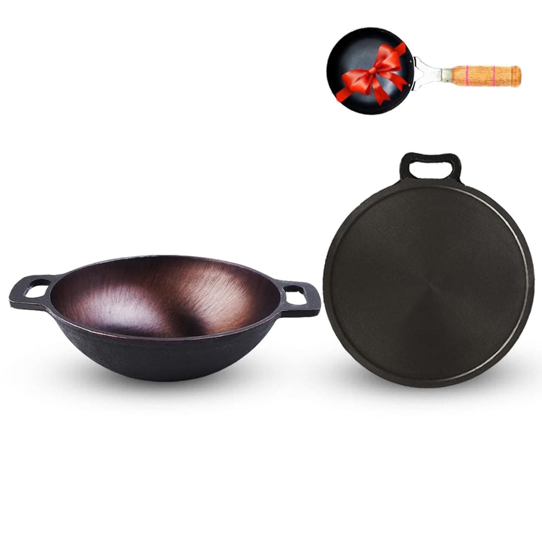 The Indus Valley Super Smooth Cast Iron Cookware Set + Free Iron Tadka Pan | Kadai (25 cm) + Tawa (30 cm) | Pack of 3 | Naturally Nonstick, Pre-Seasoned, 100% Pure & Toxin-Free, No Chemical Coating
