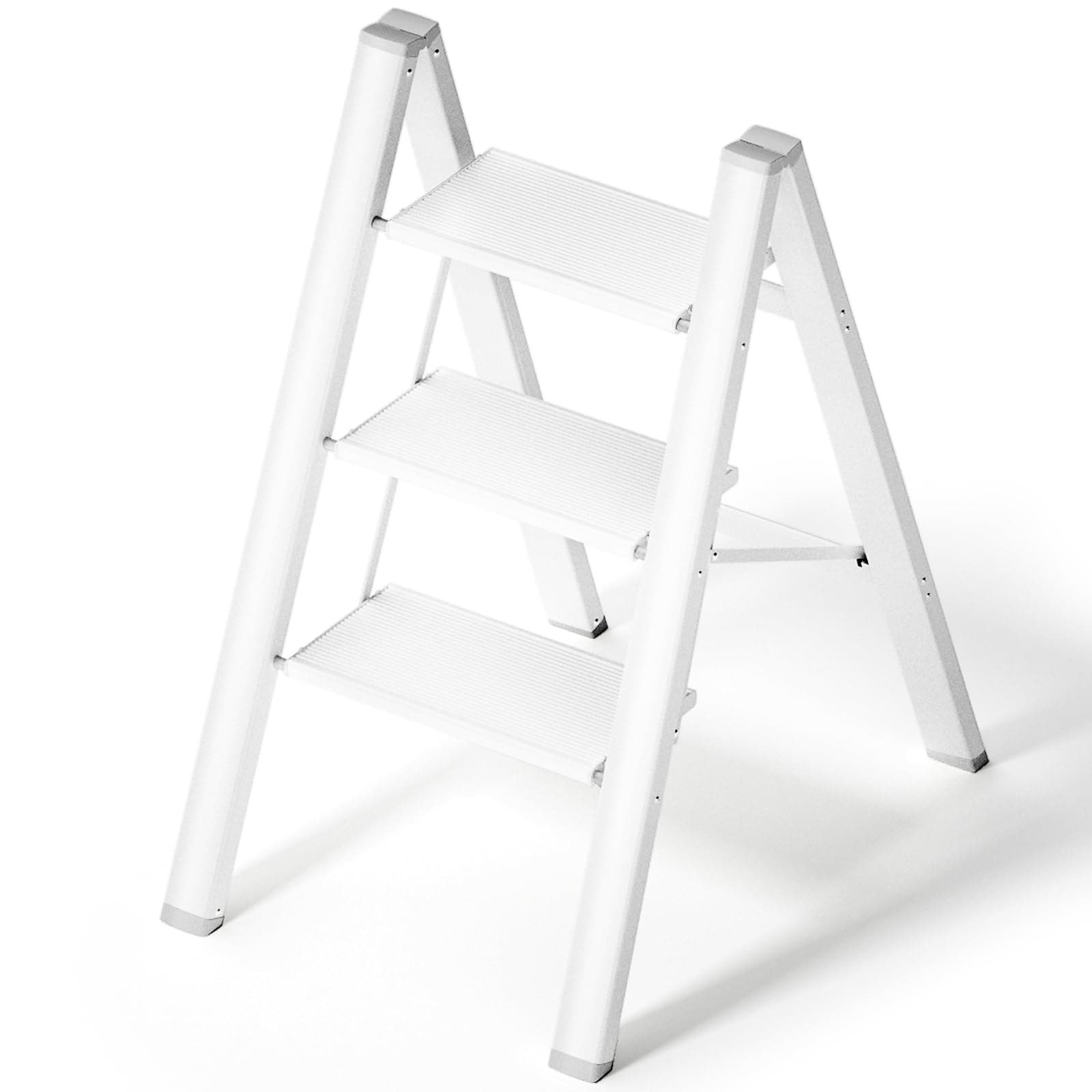 Step Ladder, Folding Step Stool W/Anti-Slip Pedal&Rubber Feet, Lightweight Safety Step Stools for Adults, Decorative 3 Step Ladder for Kitchen Library Closet, Aluminum Sturdy Ladders, Creamy White