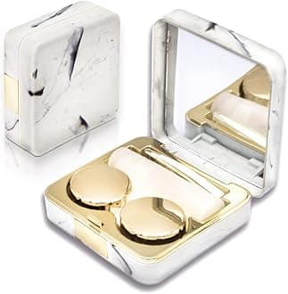 Contact Lens Case, Portable Cute Eye Contacts Colored Lenses Remover Tool Kit with Mirror for Travel (Square, Gold)