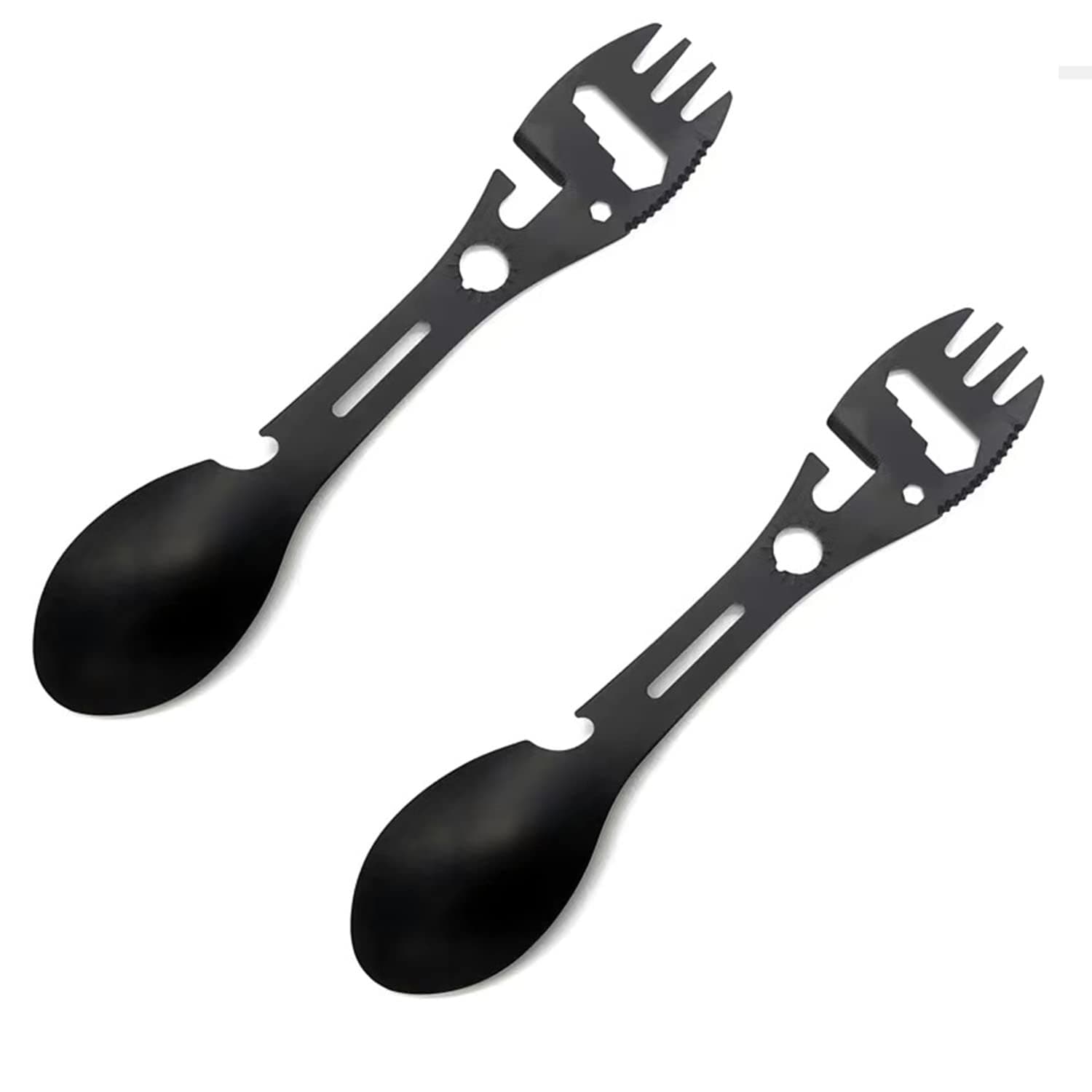 Multifunctional Outdoor Fork Spoon Detachable Tableware,10-in-1 Utility Tactical Spork, Stainless Steel Spoon & Bottle Opener, Fork & Knife, Combo Camping Utensil for Hiking(Black，2pcs)