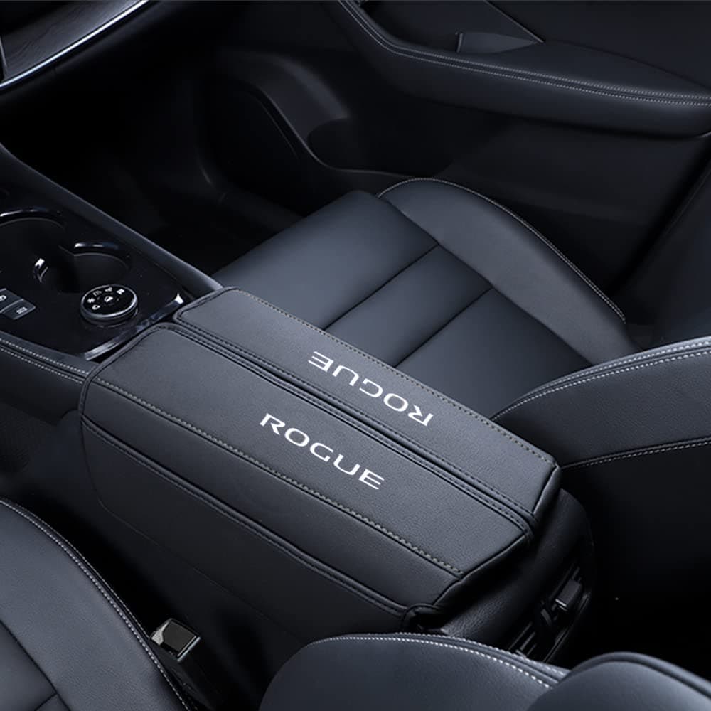 XITER 1PC Leather Center Console Armrest Cover with Side Pockets for Nissan Rogue 2021 2022 2023 2024 2025 2026 Accessories(Black Stitches)