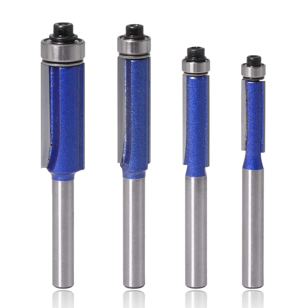 Mesee 4 Pieces Top End Bearing Flush Trim Router Bits Set, 1/4 Inch Shank Industrial Grade Template Pattern Flush Trimming Router Bit Woodworking Milling Cutter Tools - 1/4" 5/16" 3/8" 1/2"