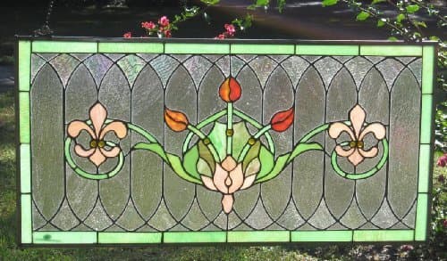Tiffany Stained Glass Transom Window Panel Fleur De Lis 32" x 16"