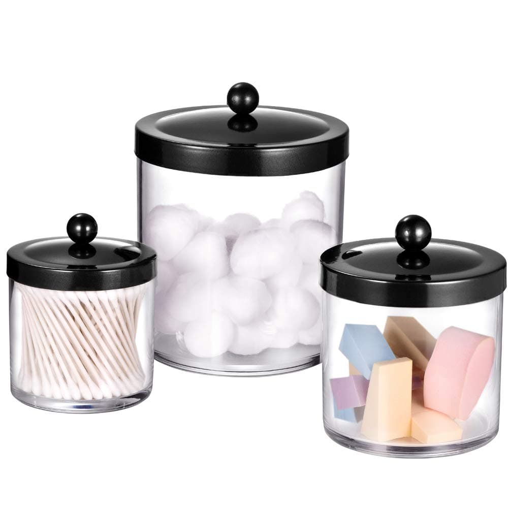 SheeChung Premium Quality Apothecary Jars - Clear Plastic Storage Jars with Rust Proof Stainless Steel Lids - Bathroom Vanity Countertop Organizer Canister Holder House Decor | Set of 3 (Black)