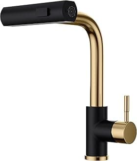 Black and Gold Kitchen Faucet with Pull Down Sprayer, Waterfall 15“ High Single Handle Kitchen Sink Faucets