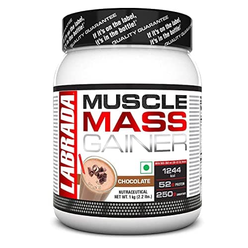Muscle Mass Gainer Powder(1 kg) (Chocolate) 2.2 lbs, Gain Weight, Post-Workout, 52gm Protein, 250g Carbs,1g Creatine, 500mg L-Glutamine,For 3 Servings