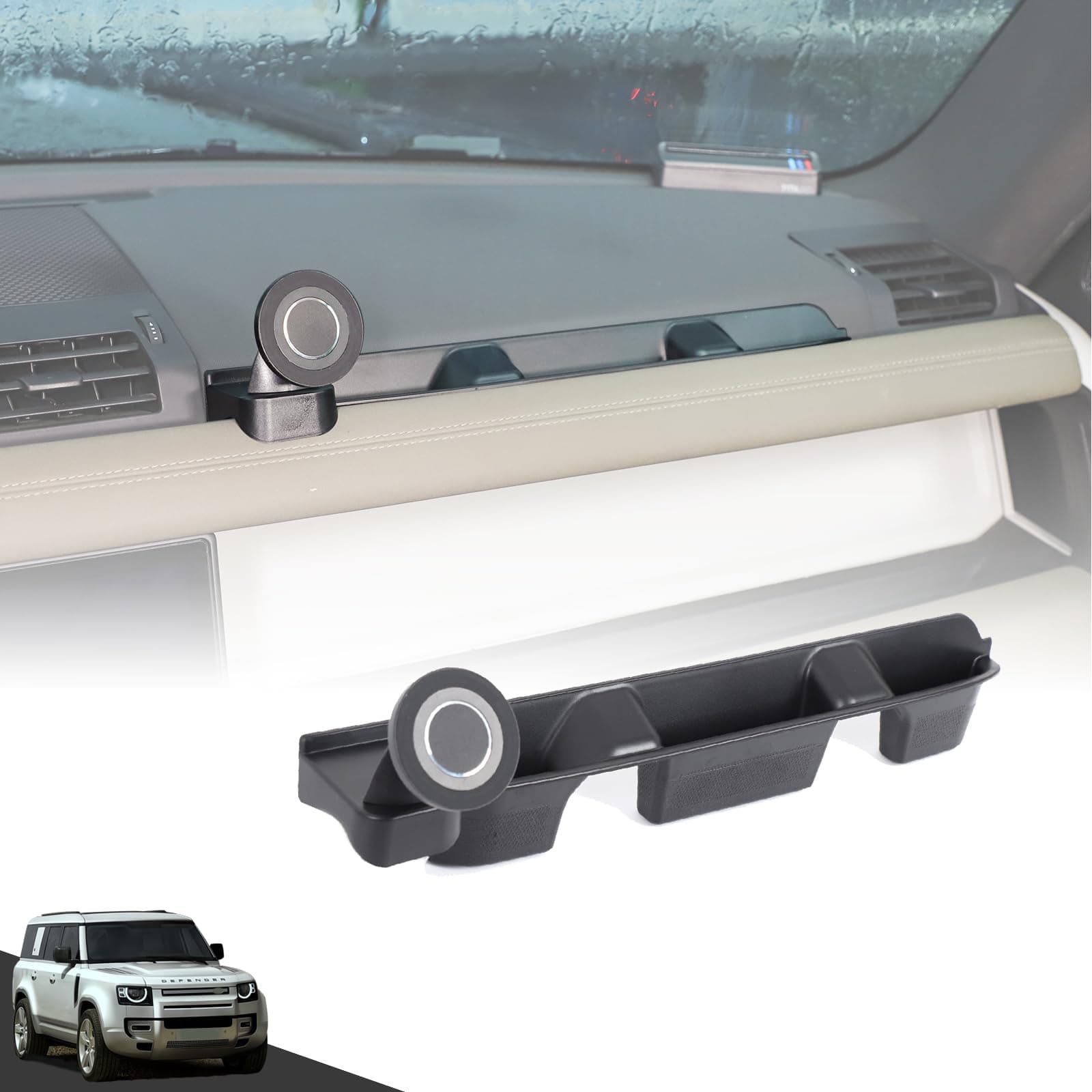 Co-pilot Front Organizer Tray Compatible with L@nd Rover Defender 90/110/130 2020-2025 Accessories, Dashboard Side Storage Box ABS Black (With Phone Holder (B))