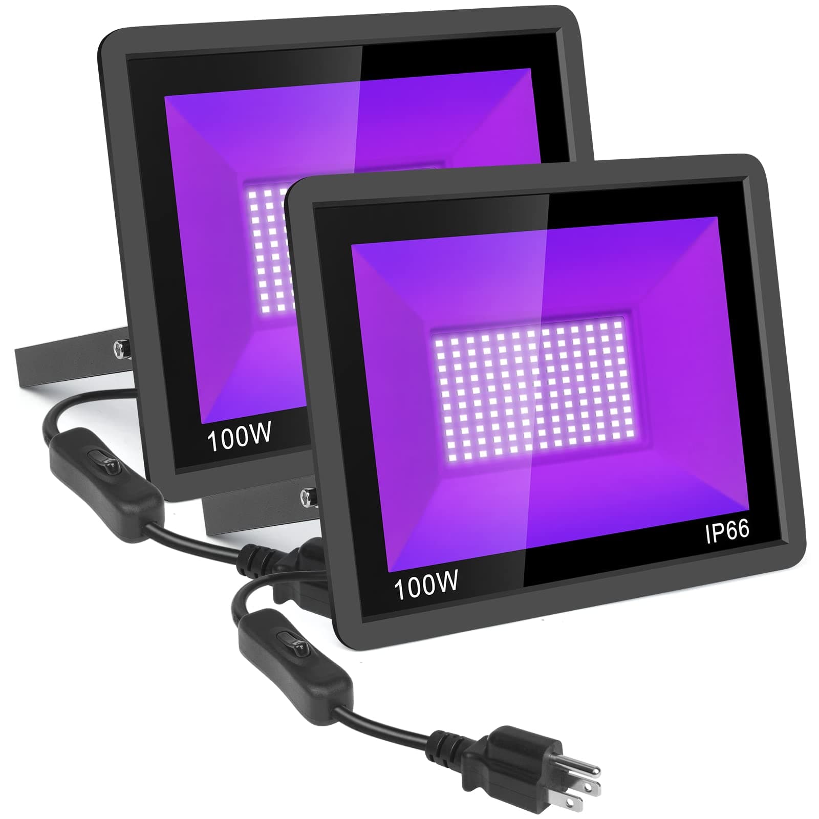 2-Pack 100W LED Black Light, Blacklight Flood Light with Plug and Waterproof, IP66, Ideal for Glow Party, Stage, Fluorescent Poster, Aquarium