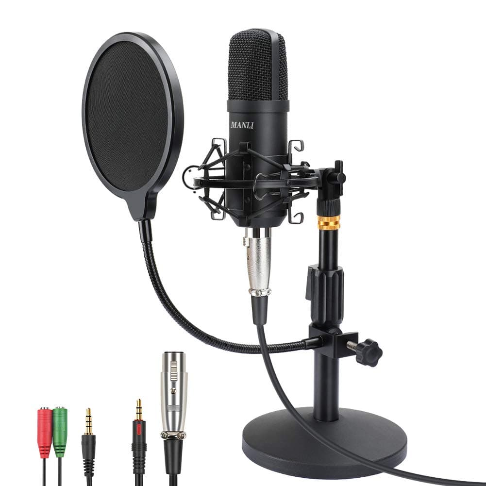 Professional Studio Condenser Microphone, Computer PC Microphone Kit with 3.5mm XLR/Pop Filter/Scissor Arm Stand/Shock Mount for Professional Studio Recording Podcasting Broadcasting, Black