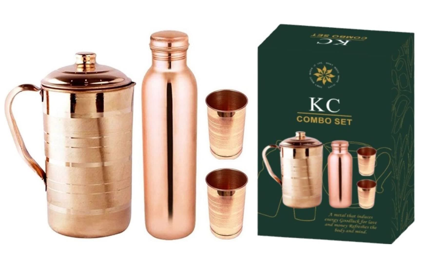 KC Copper Water Bottle and Jug Combo Set - 1000 ml Bottle, 2000 ml Jug, 2 Glasses - Brown