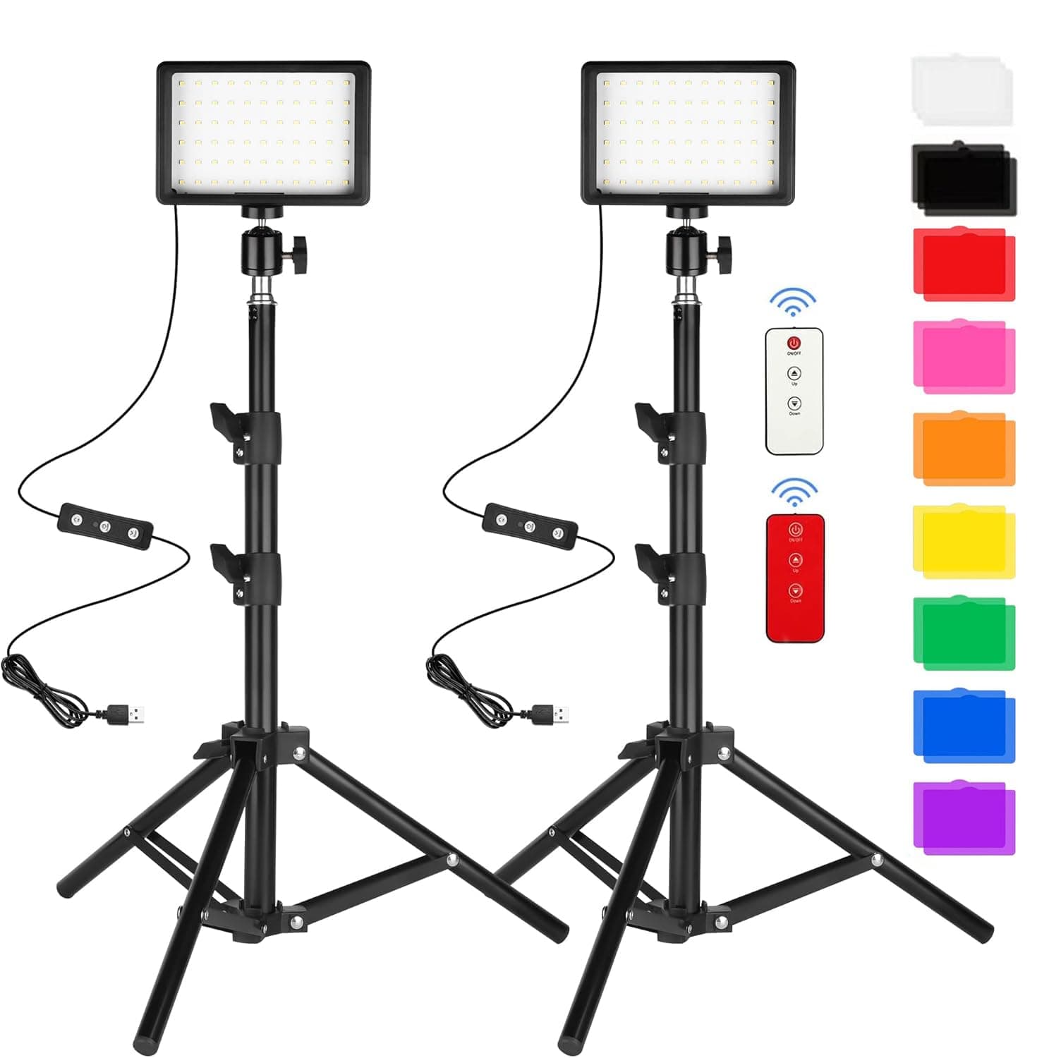 LED Video Light Kit 2Pcs, Studio Lights 18 Color Filters for Photography Lighting with Adjustable Tripod Stand Streaming Lights for Photo Camera Recording Computer Zoom Stream TikTok YouTube