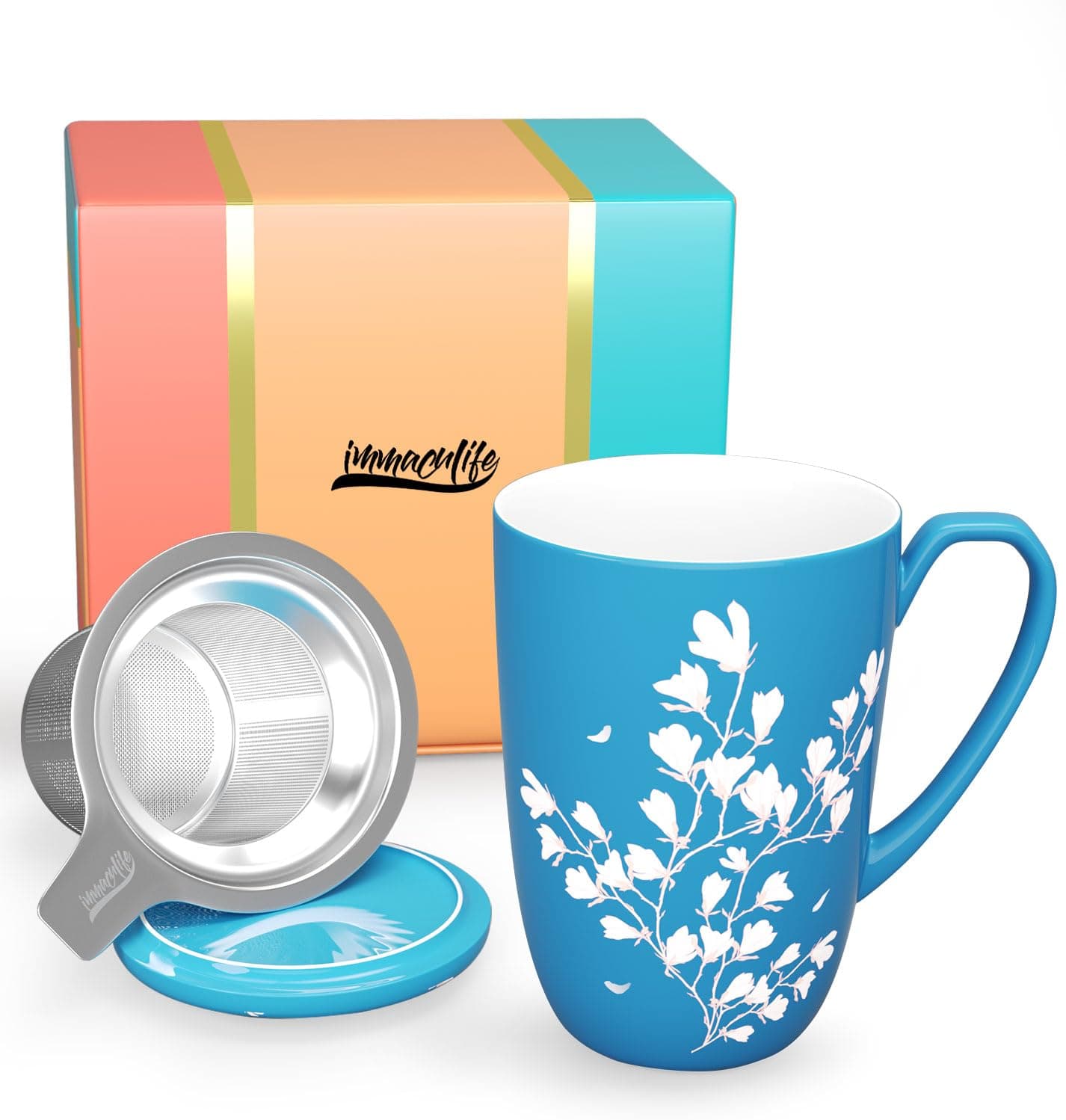 Tea Cup with Infuser and Lid - Tea Mug with Lid for Steeping Loose Leaf Coffee Milk Women Office Home Gift 16oz Navy Flower