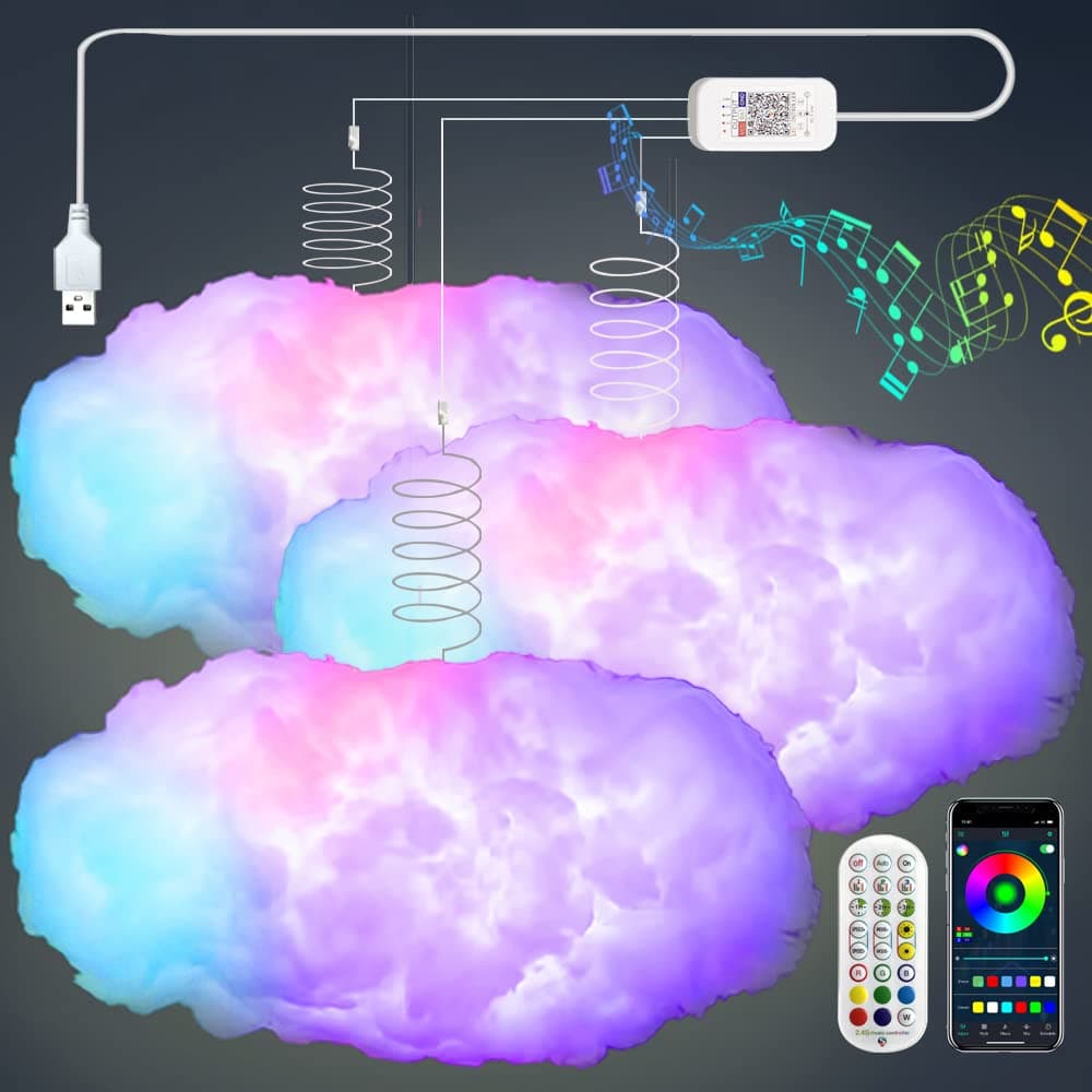 3PCS 3D Big Cloud Lightning Light Kit Music Sync Multicolor Lightning Changing Strip Lights 360 Degree Wireless Remote APP NO DIY Coolest Decorations for Adults and Kids Indoor Home Bedroom