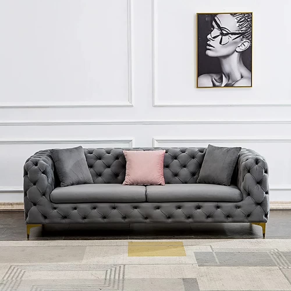 Maple Velvet Sofa Set Tufted Sectional Sofa Scroll Arm Button Chair Single Seat Loveseat Three-Seat Four-Seat Living Room Home Furniture (Three-Seat Sofa 2.25m, Grey)