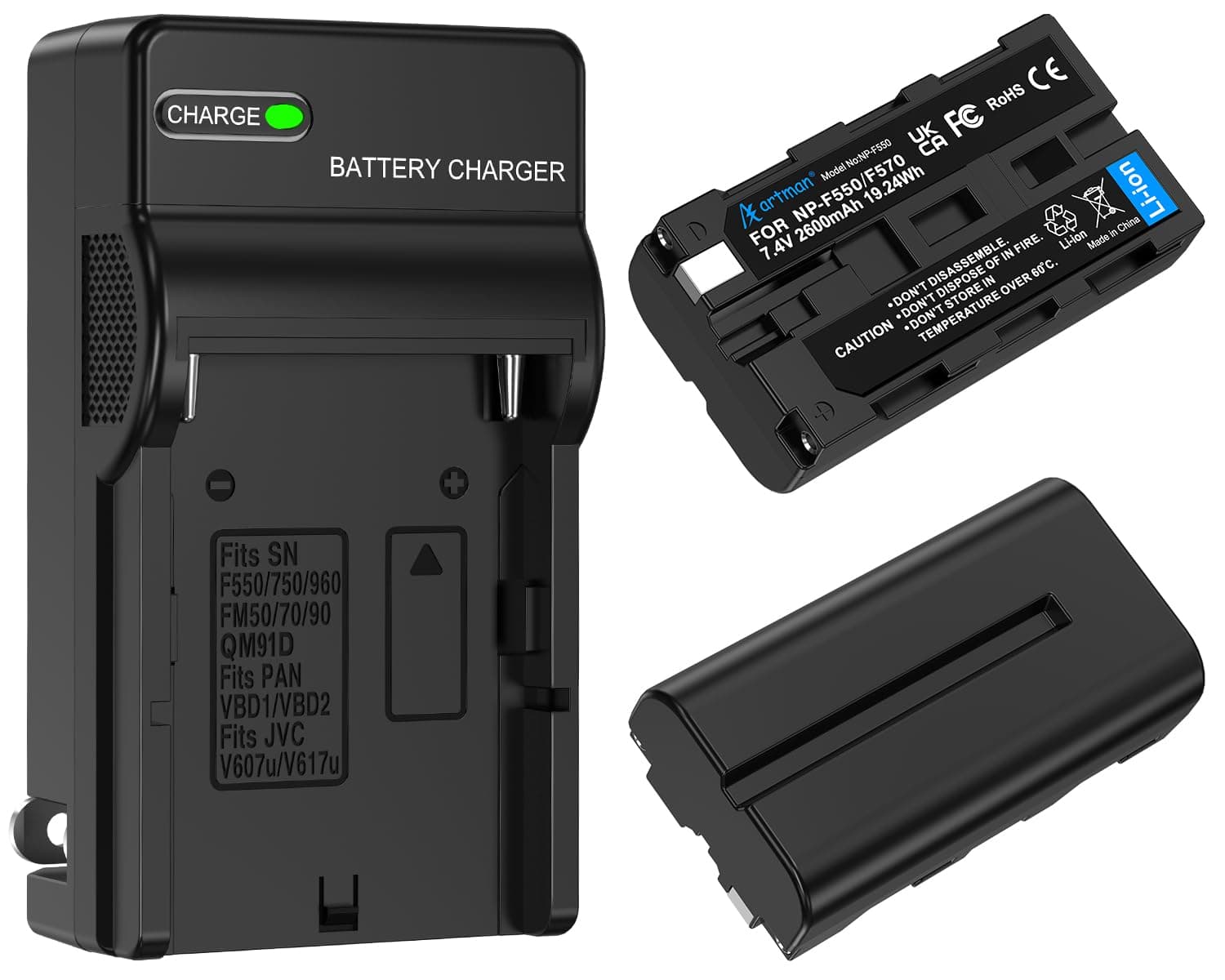 NP-F550 Artman 2-Pack Replacement Battery Kit with One Battery Charger Set for Sony NP F970, F750, F770, F960, F550, F530, F330, F570, CCD-SC55, TR516, TR716, TR818, TR910, TR917 and More