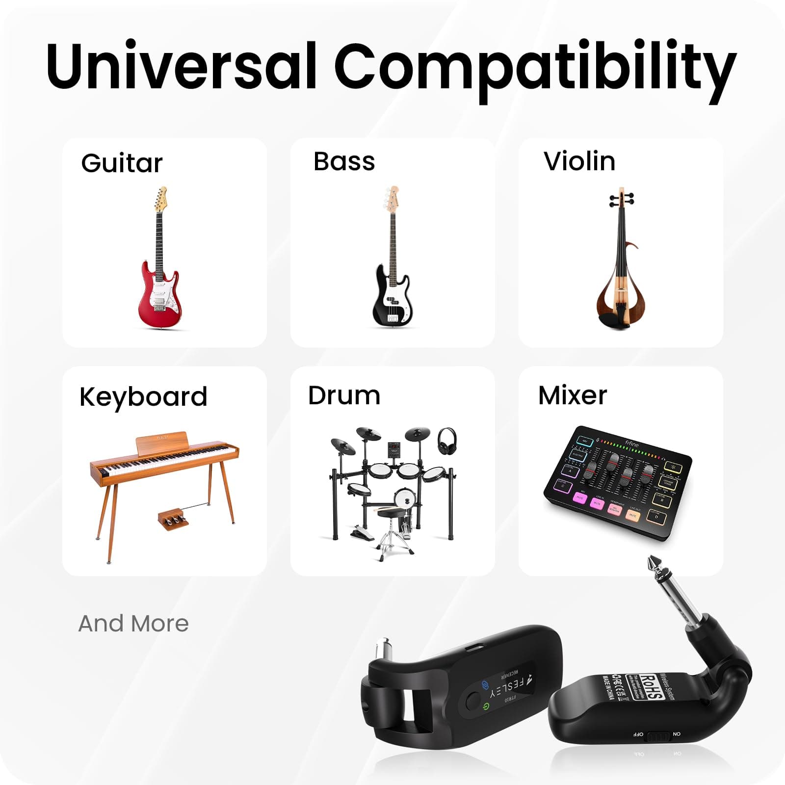 Fesley 2.4GHz Wireless Guitar System: Better Audio Resolution, One-Click Auto-Matching, 10-Hour Battery Rechargeable Audio Digital Wireless Guitar Transmitter Receiver for Bass Electric Instruments